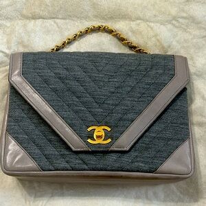 Chanel Classic Kelly flap denim chevron gray tan leather bag handbag